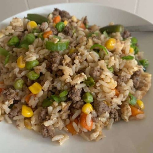 easy beef fried brown rice with veggies
