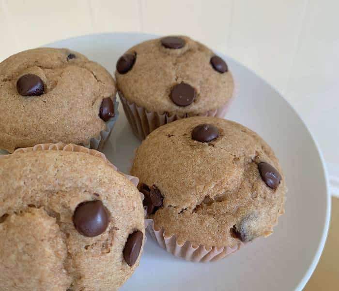 moist einkorn whole-wheat chocolate chip muffins